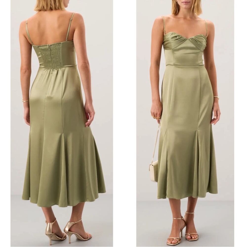 REFORMATION Hensley Ruched Artichoke Green Midi Dress Size 10